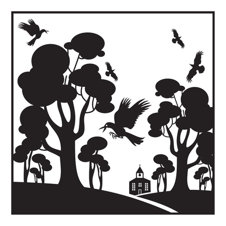 Abstract landscape with trees, birds and church silhouettesのイラスト素材