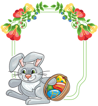 Flower frame with cute little bunny and Easter eggsのイラスト素材