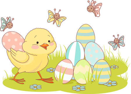 Very cute chick adds a pyramid of Easter eggsのイラスト素材