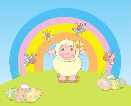 Funny Easter landscape with sheep and rainbowのイラスト素材