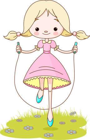 Happy  cute girl jumps on the ropeのイラスト素材