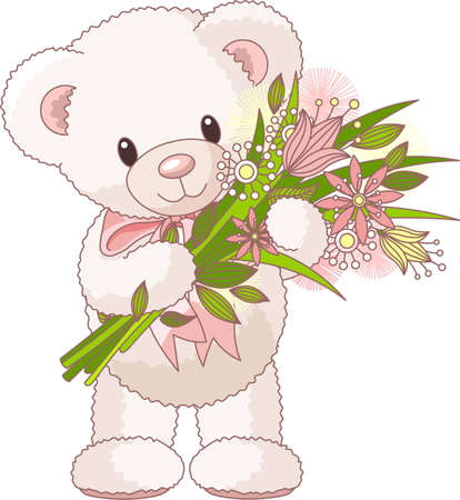 Cute little Teddy bear with a bouquetのイラスト素材