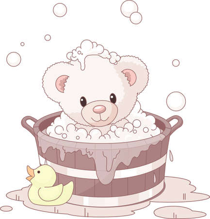 Cute Teddy Bear takes bubble bathのイラスト素材