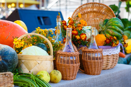 Organic fruit and vegetables food background, Farmers Vegetable Market, Autumn nature concept, Thanksgiving dinnerの写真素材