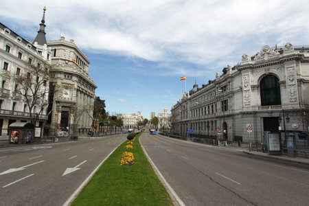 Madrid, Spain- April 4,2020: Empty streets during confinement in the city of Madridのeditorial素材