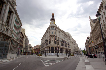 Madrid, Spain- April 4,2020: Empty streets during confinement in the city of Madridのeditorial素材