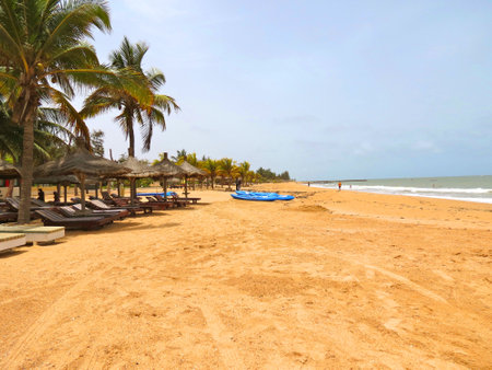 Dakar, Senegal- July 4, 2012: idyllic Senegal beach with hammocks and palm treesのeditorial素材
