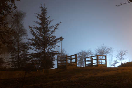 intense fog in the streets of old Madridの写真素材