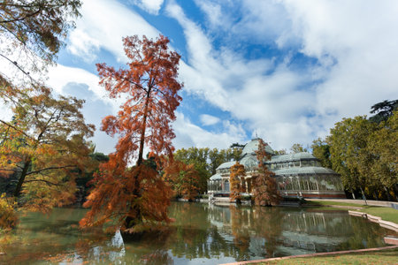 Madrid, Spain- October 12, 2020: Crystal Palace in autumn. Madrid Retreat Park