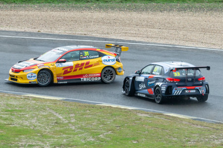 Madrid, Spain- November 1, 2020: TCR europa races on a rainy day at the jarama circuit in Madrid