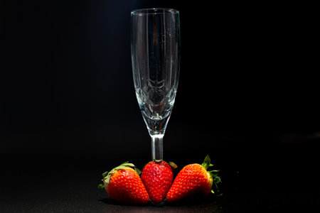 Glass cup with strawberries on black backgroundの写真素材