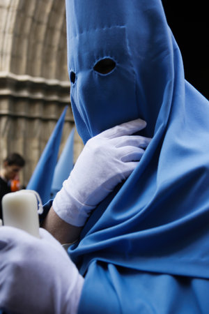 Madrid, Spain- March 20, 2019: Nazarenes of Holy Week. Religious processions. Christian tradition.のeditorial素材