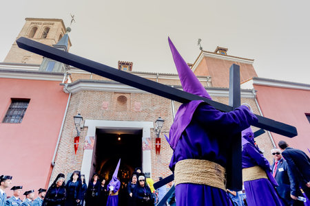 Madrid, Spain- March 20, 2019: Nazarenes of Holy Week. Religious processions. Christian tradition.のeditorial素材