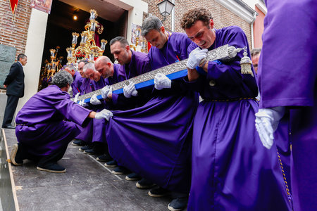 Madrid, Spain- March 20, 2019: Porteadores del Cristo de Jesus el Pobre during Holy Week. Religious...