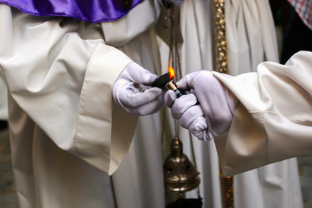 Madrid, Spain- March 20, 2019: Botafumeiro with incense. Incense smoke. Religious processions....
