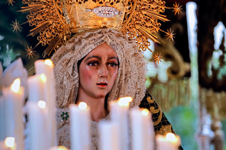 Madrid, Spain- March 20, 2019: Maria Santisima de la Esperanza Macarena. Religious processions. Christian tradition.のeditorial素材