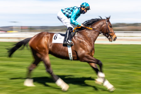 Madrid, Spain- March 21, 2021: Photo with speed effect of a racehorse at the La Zarzuela racecourse in Madrid. Horse races. Horse racing. Jokey on racehorseのeditorial素材