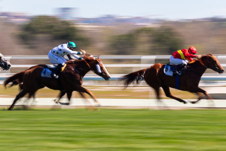 Madrid, Spain- March 21, 2021: Photo with speed effect of a racehorse at the La Zarzuela racecourse in Madrid. Horse races. Horse racing. Jokey on racehorseのeditorial素材