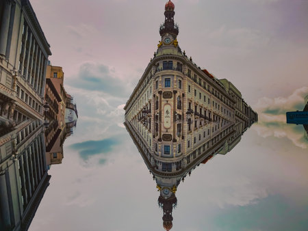 Madrid, Spain- April 21, 2021: Four Season Hotel in Madrid reflected on a mirror. Luxury hotel in Madrid. Luxury architecture in Madrid.のeditorial素材