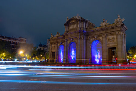 Madrid, Spain- October 30, 2021: Night photo of the Puerta de Alcal illuminated in its arches