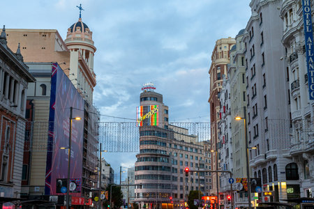Madrid, Spain- November 1, 2021: Calle Gran Via de in Madrid at sunriseのeditorial素材