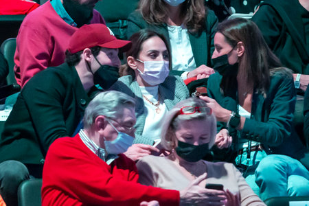 Madrid, Spain- November 28,2021: Tamara FalcÃ³ with her boyfriend and her sister Ana Boyer, enjoy a tennis match in the Davis Cup held in Madrid. Celebrities in the stands of the Davis Cup 2021のeditorial素材