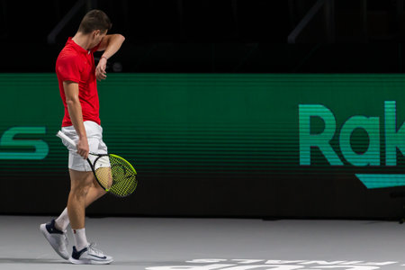 Madrid, Spain- December 1, 2021: Davis Cup competition between the countries of Serbia and Kazakhstan at the Casa de Campo Fairgrounds in Madrid. Miomir Kekvanovic competes with Serbia in the Davis Cuのeditorial素材