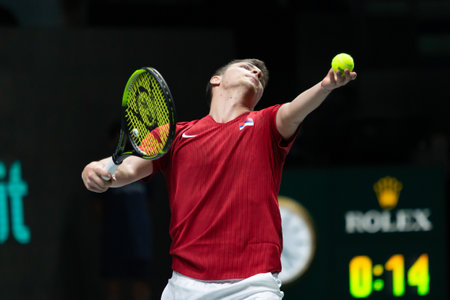 Madrid, Spain- December 1, 2021: Davis Cup competition between the countries of Serbia and Kazakhstan at the Casa de Campo Fairgrounds in Madrid. Miomir Kekvanovic competes with Serbia in the Davis Cuのeditorial素材