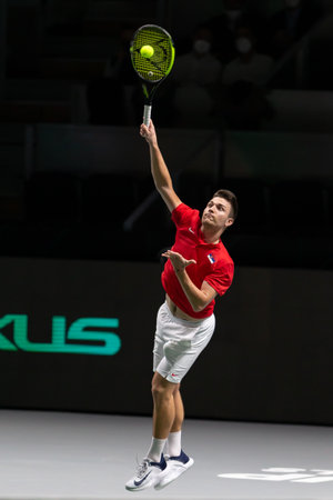 Madrid, Spain- December 1, 2021: Davis Cup competition between the countries of Serbia and Kazakhstan at the Casa de Campo Fairgrounds in Madrid. Miomir Kekvanovic competes with Serbia in the Davis Cuのeditorial素材