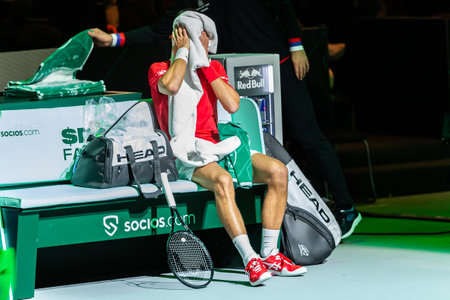 Madrid, Spain- December 1, 2021: Davis Cup competition between the countries of Serbia and Kazakhstan at the Casa de Campo Fairgrounds in Madrid. Novak Djokovic competes with Serbia in the Davis Cupのeditorial素材