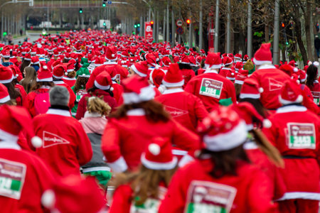 Madrid, Spain- December 19,2021: Thousands of Santa Claus roam the streets of Madrid. Popular race with the costume of Santa Claus. Christmas costumeのeditorial素材