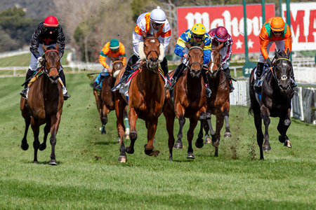 Madrid, Spain- March 6, 2022: Horse racing at the Hipodromo de la Zarzuela in Madrid. Jockeys on their horses during horse races.のeditorial素材