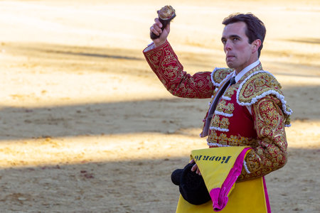 Madrid, Spain- April 2, 2022: Chenel Cup held at the El Alamo bullring in Madrid. Fight of brave bulls. The bullfighter Amor Rodriguez during the Chenel Cup in Madrid.のeditorial素材