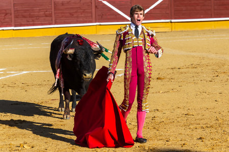 Madrid, Spain- April 2, 2022: Chenel Cup held at the El Alamo bullring in Madrid. Fight of brave bulls. The bullfighter Javier Jimenez during the Chenel Cup in Madrid.のeditorial素材