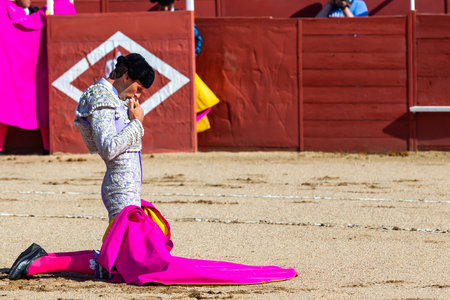 Madrid, Spain- April 30, 2022: Bullfight in San Martin de Valdeiglesias. Bullfighter with cape. Fighting bull. Bullfighter giving a capote pass to the bull in a bullring.のeditorial素材