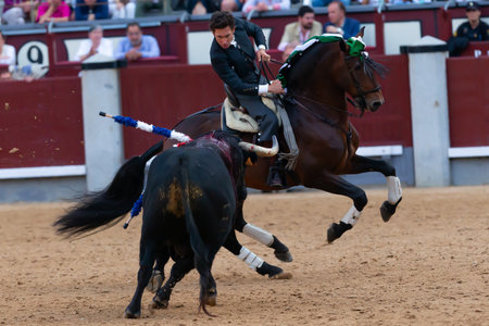 Madrid, Spain- May 14, 2022: Bullfight with the bullfighter on horseback in the Las Ventas bullring.のeditorial素材