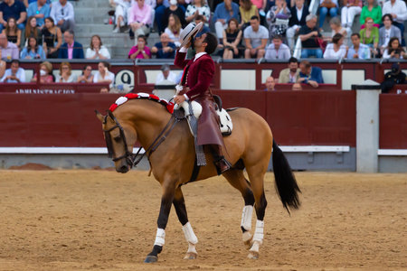 Madrid, Spain- May 14, 2022: Bullfight with the bullfighter on horseback in the Las Ventas bullring.のeditorial素材