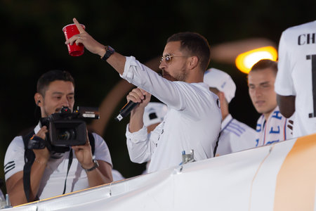 Madrid, Spain- May 29, 2022: Real Madrid CF celebrates its 14th European Championship in Madrid. Eden Hazard with sunglasses and the bus microphone talks to the fans.のeditorial素材