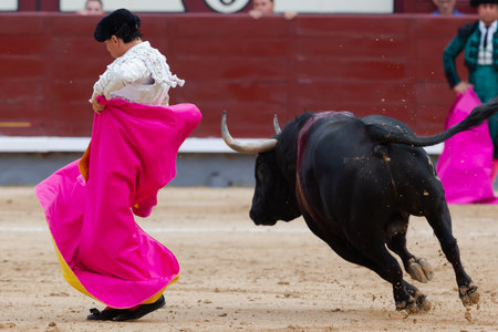 Madrid, Spain- June 19, 2022: Bullfight in the town of Villarejo de SalvanÃ©s. Bullfighter with capote in the bullring.のeditorial素材