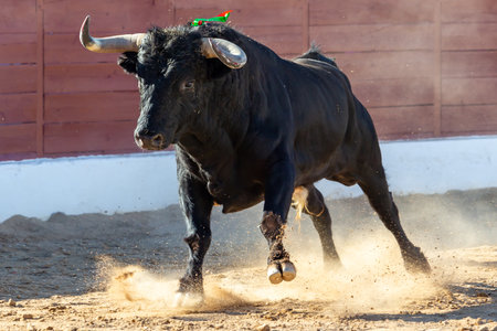 Madrid, Spain- June 19, 2022: Bullfight in the town of Villarejo de SalvanÃ©s. Fighting bulls in the ring of a square.のeditorial素材