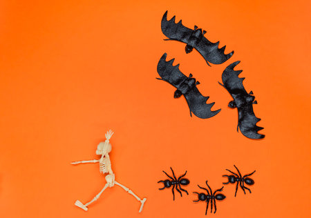Skeleton running away from bats and ants. A running skeleton. Halloween parties. Day of the Deadの写真素材