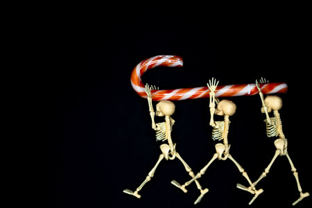 Three skeletons carry a candy cane. Halloween treats. Halloween parties. Day of the Dead.の写真素材