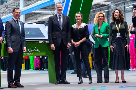 Madrid, Spain- January 18, 2023: The King and Queen of Spain and the president of the Andalusian Autonomous Community at FITUR. King Felipe VI and Queen Leticia inaugurate the FITUのeditorial素材