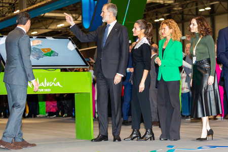 Madrid, Spain- January 18, 2023: The King and Queen of Spain and the president of the Andalusian Autonomous Community at FITUR. King Felipe VI and Queen Leticia inaugurate the FITUのeditorial素材