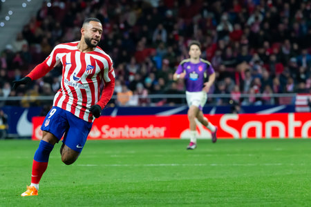 Madrid, Spain- January 21, 2023: Soccer match between Atletico de Madrid and Real Valladolid at Civitas Metropolitano. Memphis Depay makes his debut with Atletico Madrid.のeditorial素材