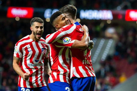 Madrid, Spain- January 21, 2023: Soccer match between Atletico de Madrid and Real Valladolid at Civitas Metropolitano. Alvaro Morata celebrates a goal with his teammatesのeditorial素材