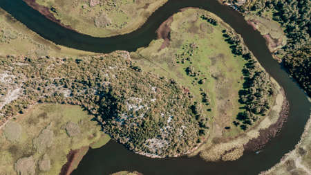 Aerial top view of Rijeka Crnojevica river in Skadar Lake National Park. One of the most famous views of Montenegroの写真素材