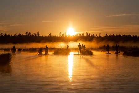 Amazing panoramic view of group of people doing SUP stand up paddle boarding at sunrise in lake....