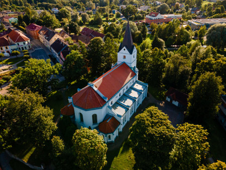 Saldus Latvia Evangelical Lutheran Church is the oldest building of the townの写真素材
