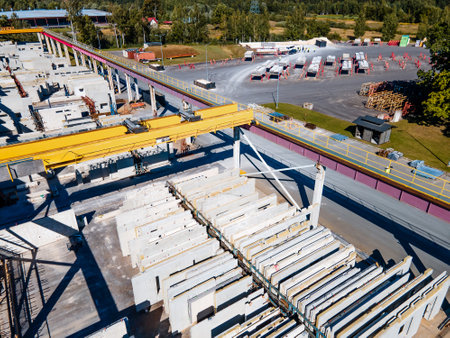 Aerial view of Precast concrete wall panel factory.  Transportation, logistic or environment conceptの写真素材